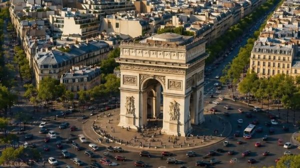 Arco do Triunfo (Arc de Triomphe) em Paris, com a Torre Eiffel visível ao fundo.